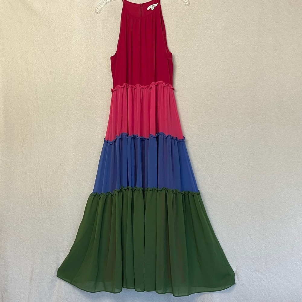 Chico's 1P Maxi Dress Color Block Ruffle Halter Sleeveless Party‎ Dress Petite M - Picture 5 of 16